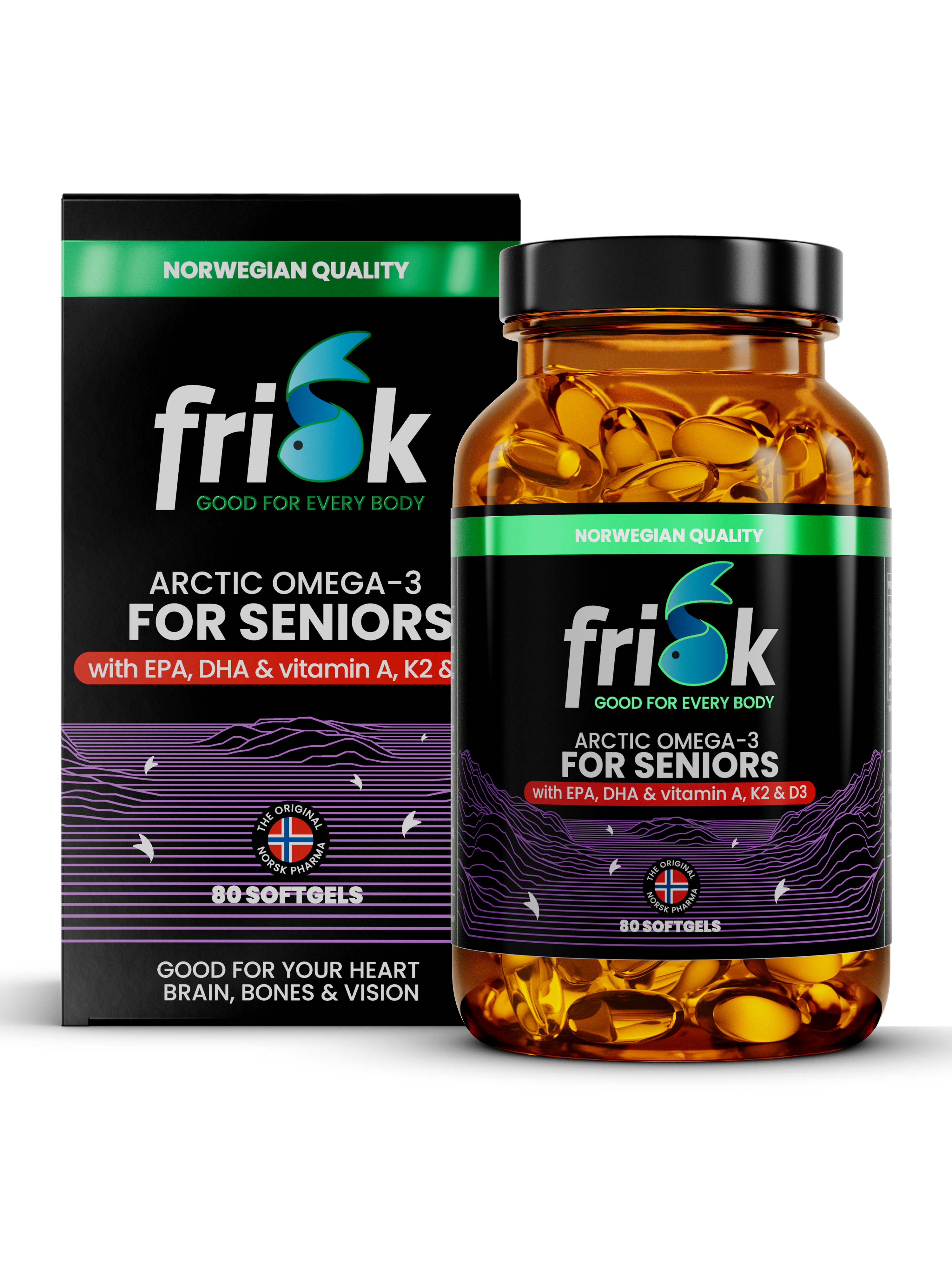 Frisk Arctic Omega-3 for seniorer i produktemballasje