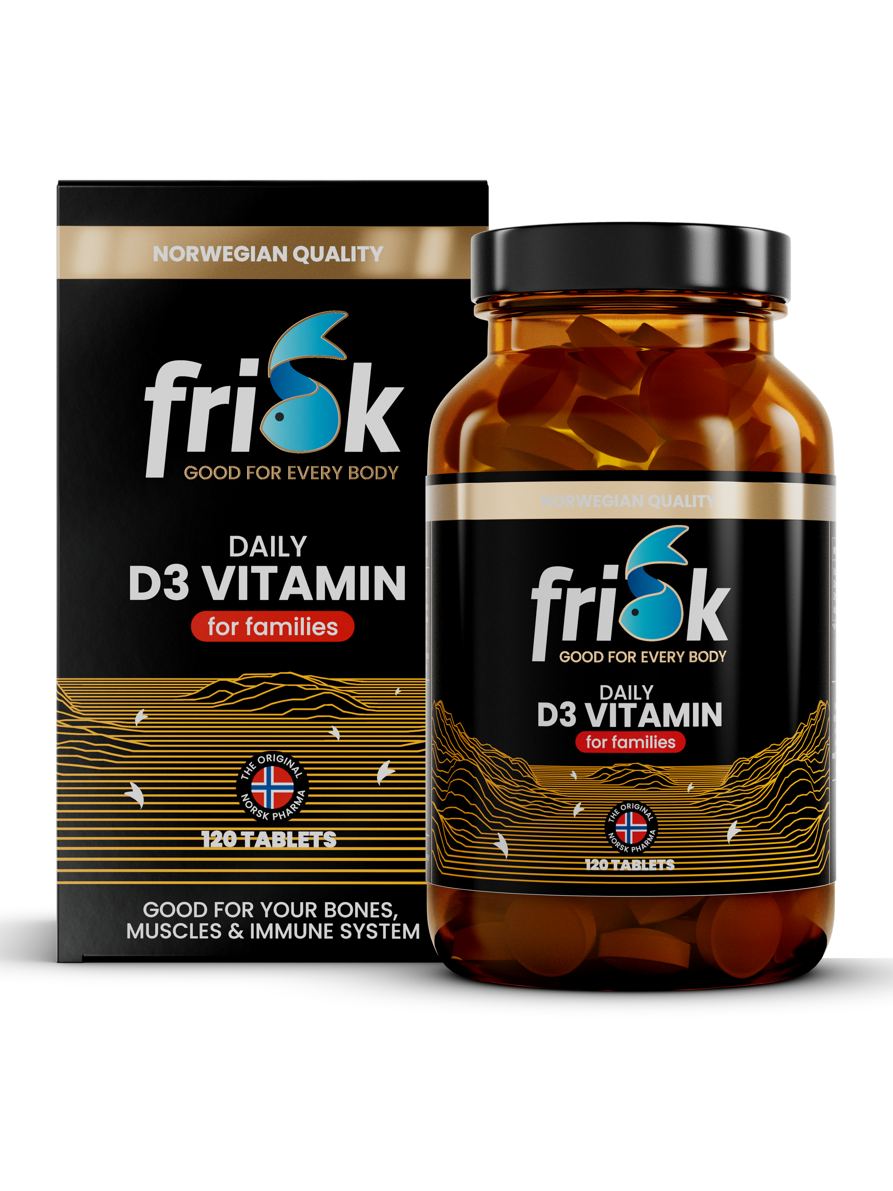 Frisk Daglig D3-vitamin for familien (120 tabletter) i produktemballasje