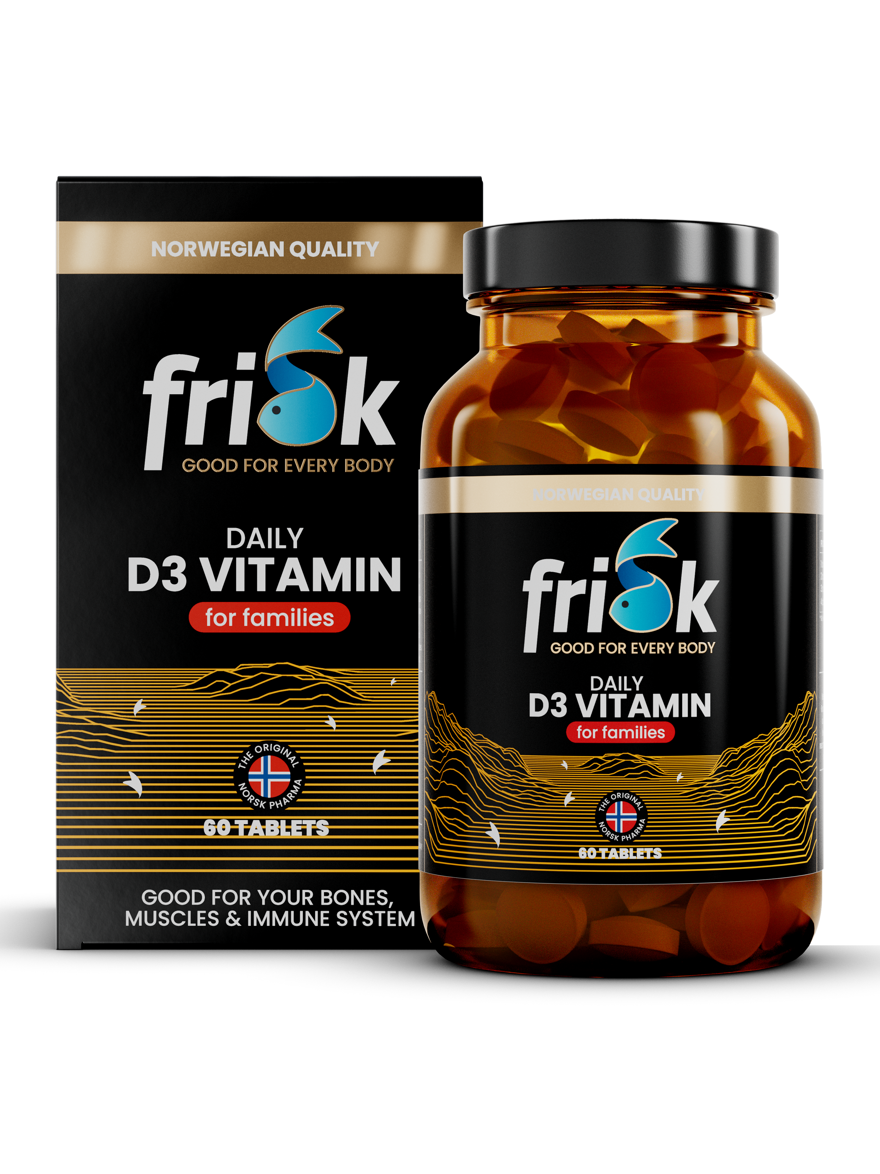 Frisk Daglig D3-vitamin for familien (60 tabletter) i produktemballasje