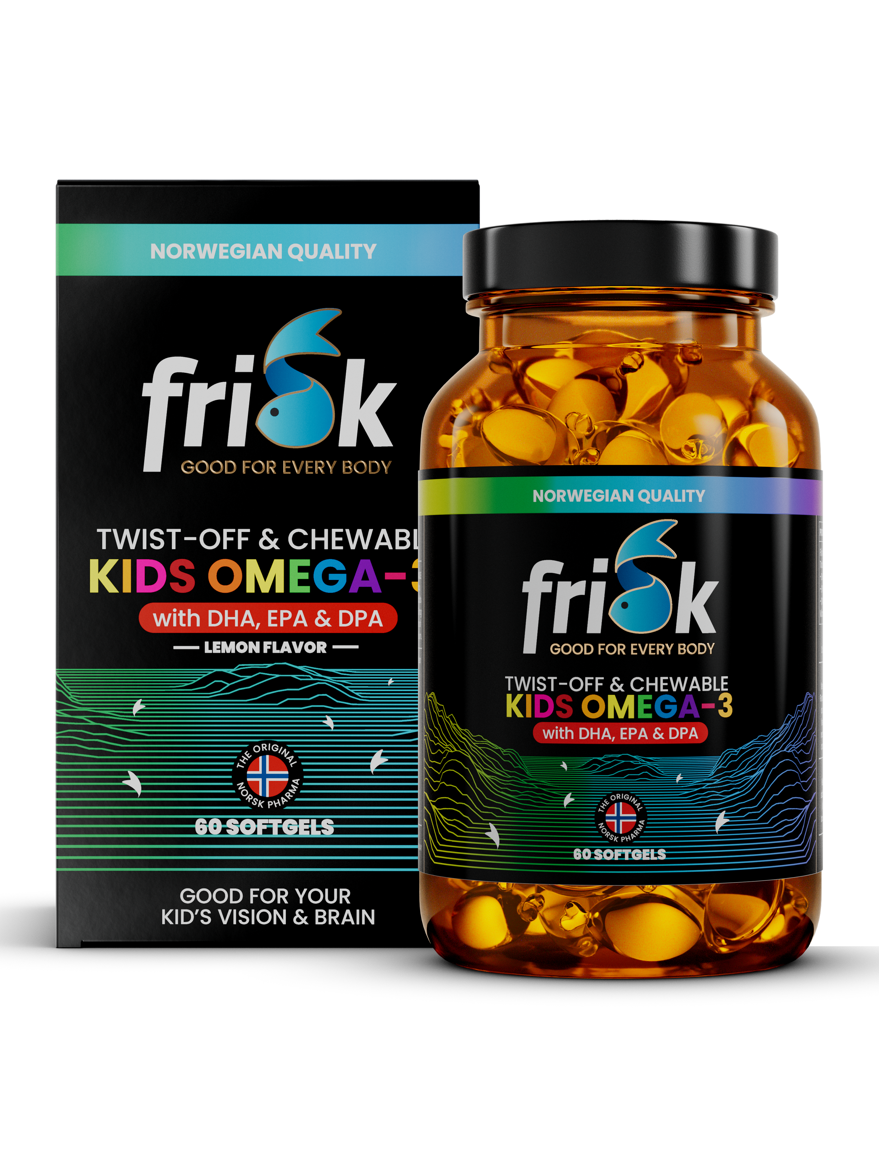 Frisk KIDS OMEGA-3 (60 TYGGEKAPSLER) i produktemballasje