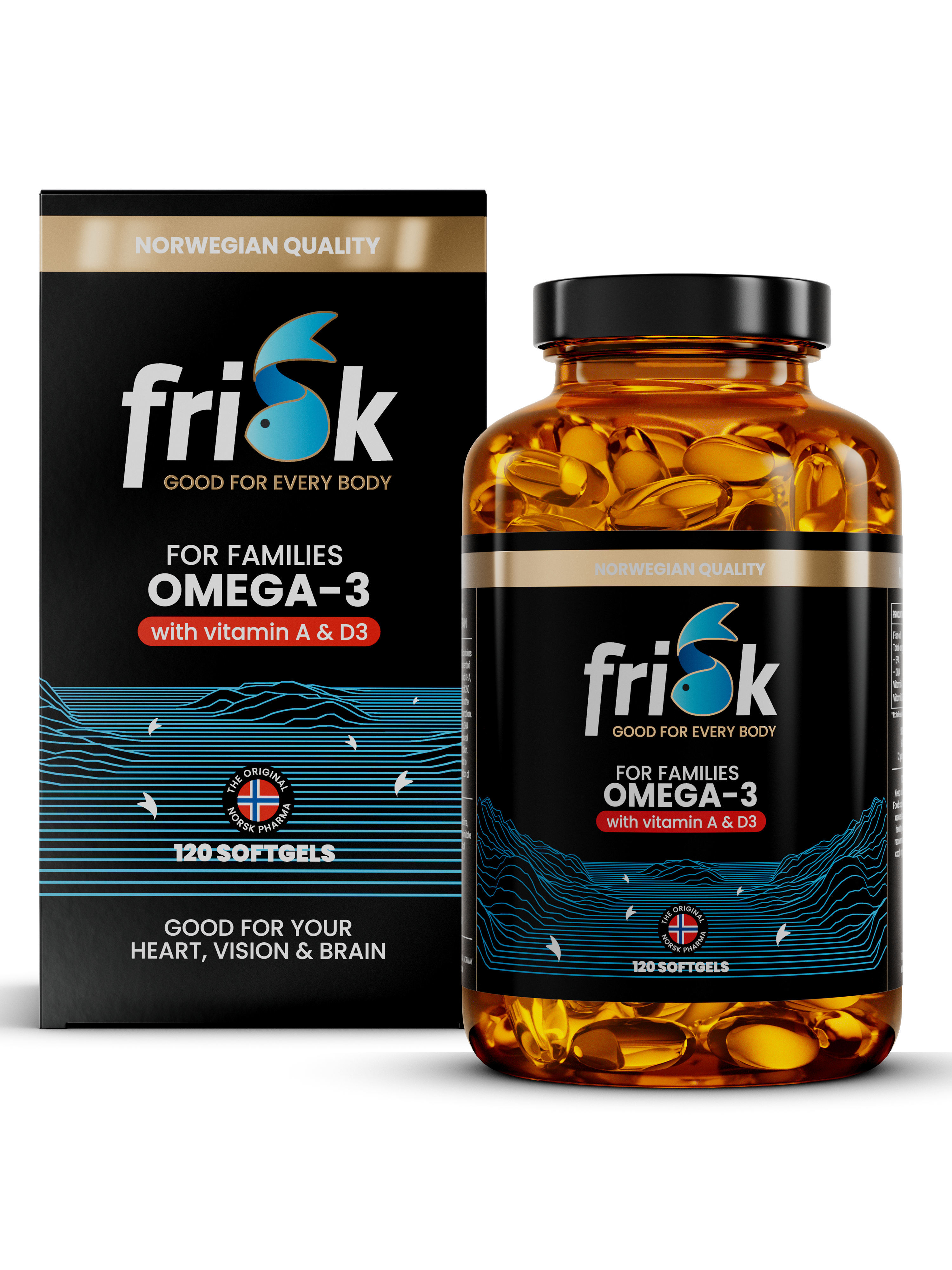 Frisk Omega-3 for familien (120 kapsler) i produktemballasje