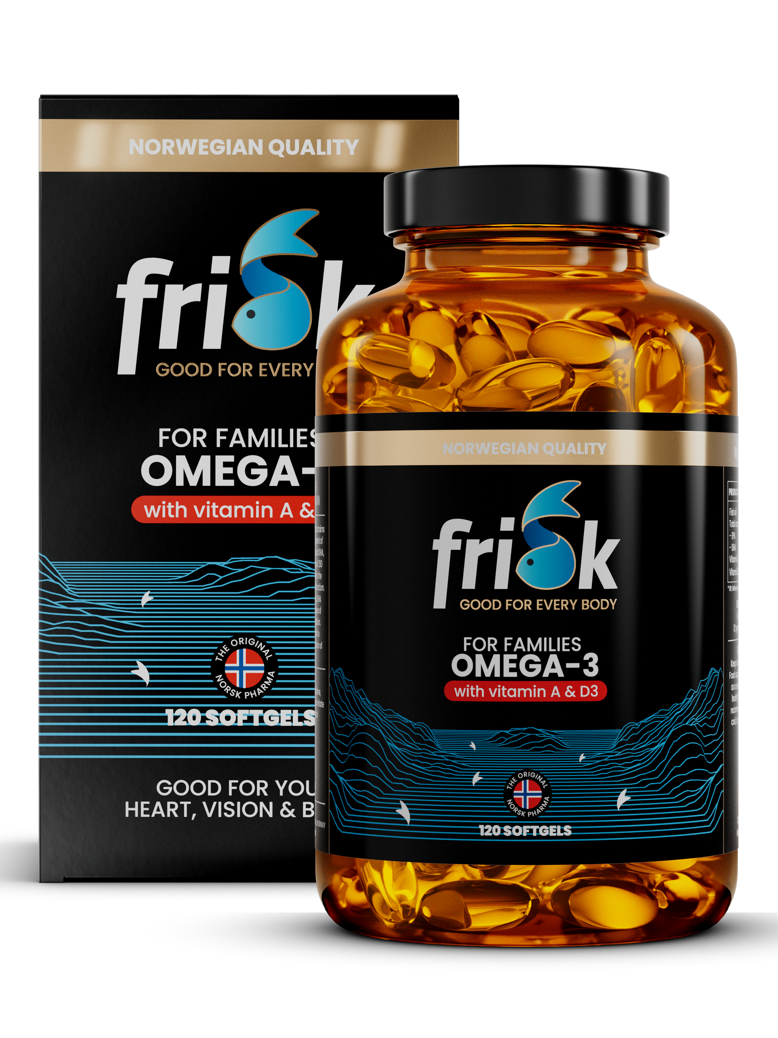 Frisk OMEGA-3 FOR FAMILIEN (120 KAPSLER) i produktemballasje