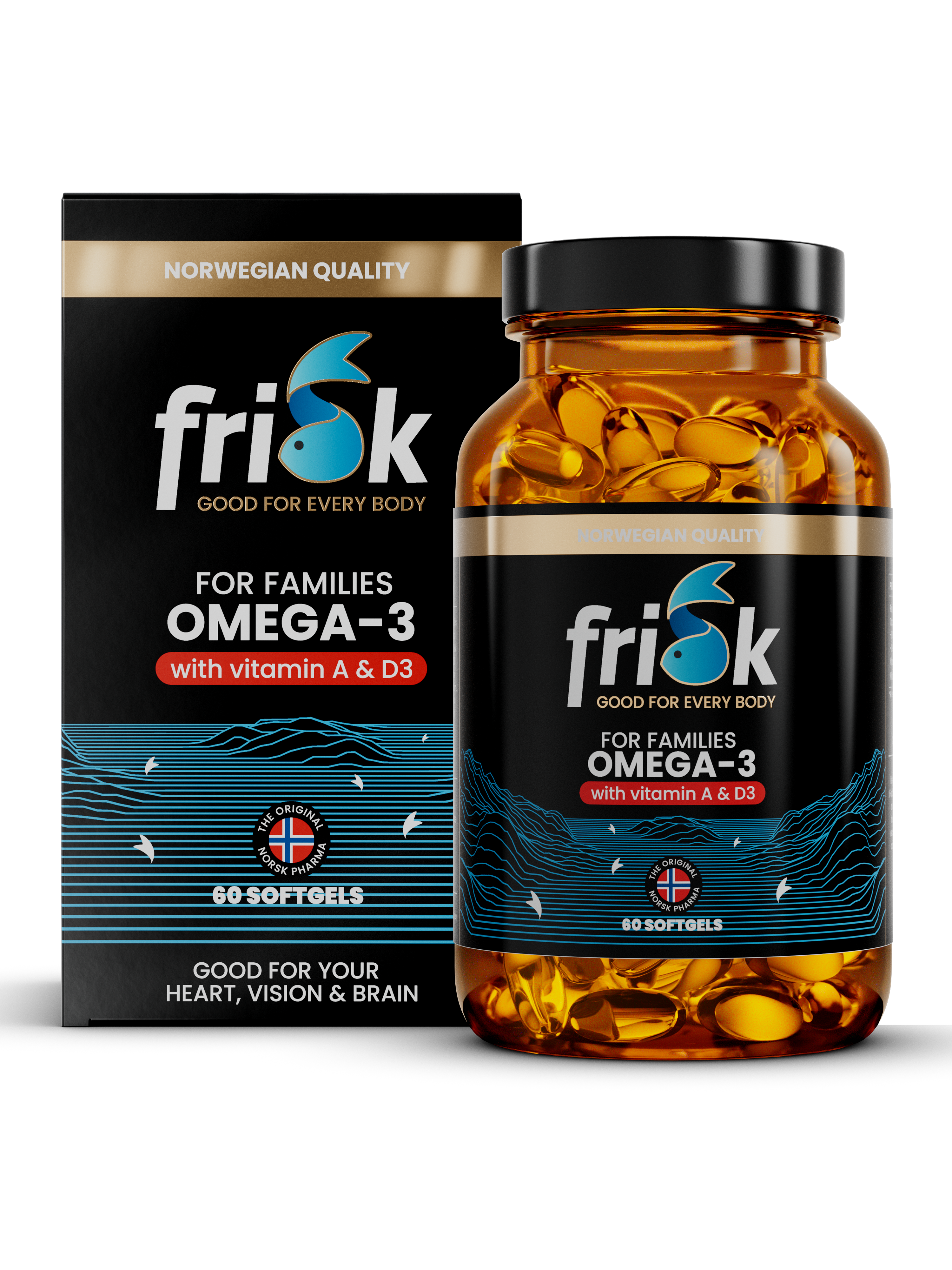 Frisk OMEGA-3 FOR FAMILIEN (60 KAPSLER) i produktemballasje