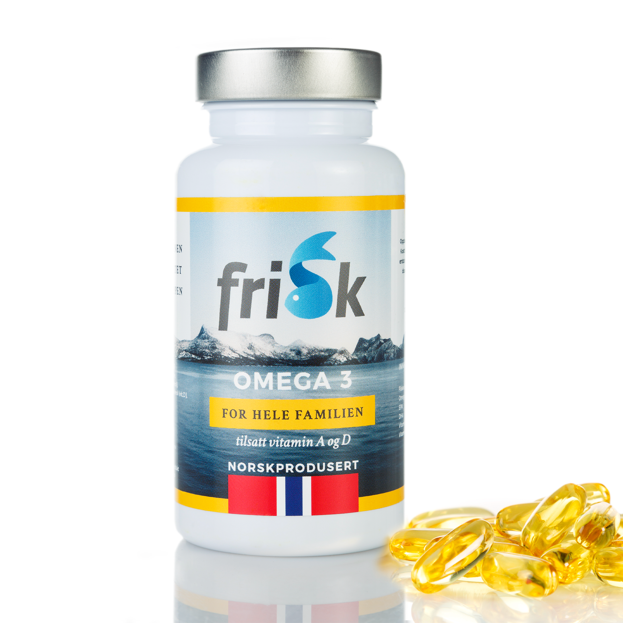 Frisk Omega-3 for hele familien (60 kapsler) i produktemballasje