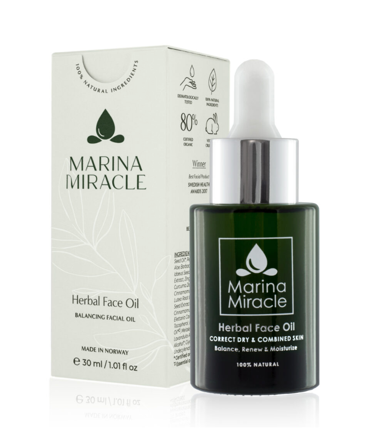 MARINA MIRACLE Herbal ansiktsolje med pipetteflaske og eske