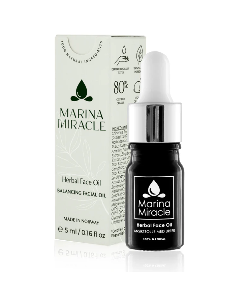 MARINA MIRACLE urteansiktsolje med liten pipetteflaske og eske